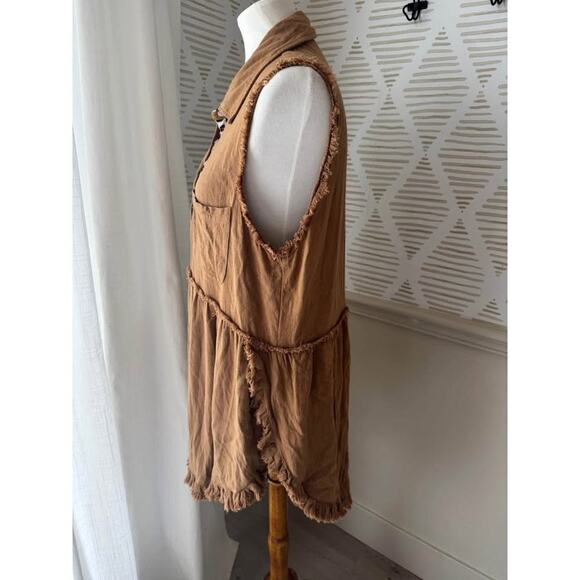 Umgee Women’s Small Brown and Leopard Print Linen Blend Tunic Top - Picture 3 of 6